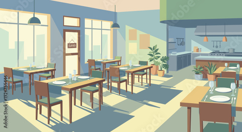 Empty modern restaurant interior with set tables and chairs, featuring a 'CLOSED' sign on the front door, bathed in warm sunlight and long shadows