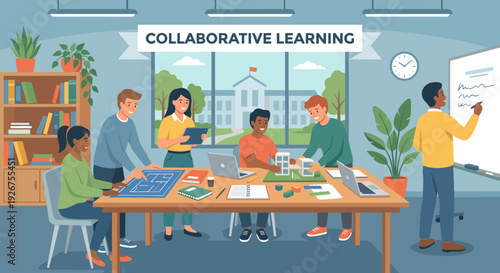 Diverse group of students working together on an architectural project, using blueprints, a model, and laptops in a modern, bright classroom setting with a large window