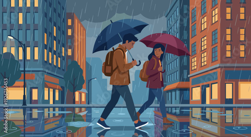 Young couple with backpacks walking together under umbrellas on a wet city street during a rainy evening with building lights reflecting in the puddles