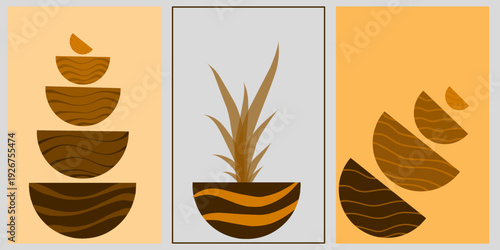 Hand-drawn brown boho art. Bohemian art with semicircular shapes. Bohemian concept for walls and interiors.