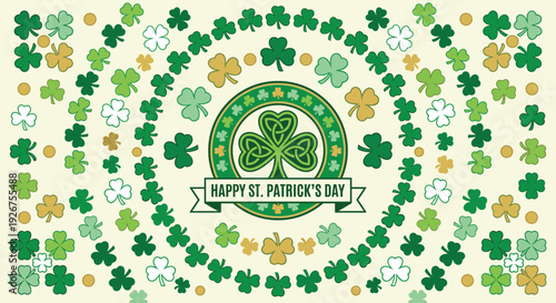 St. Patrick's Day greeting card vector illustration with a central Celtic knot shamrock emblem and a festive pattern of green and gold clovers on a cream background