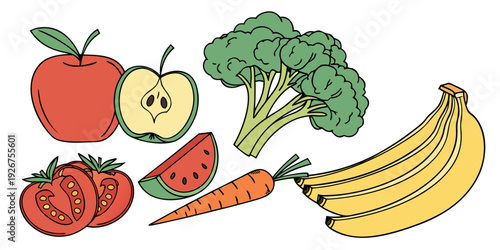 Wallpaper Mural Colorful mix of ripe fruits and healthy vegetables arranged on white background.svg Torontodigital.ca