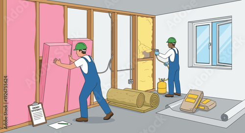 Two diverse builders wearing safety helmets install different types of thermal insulation, including batts and spray foam, into the wall studs of a room under construction