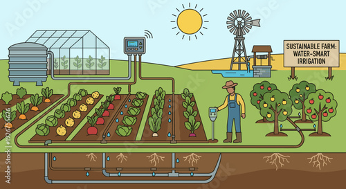 Smart farming illustration of a sustainable farm with an automated drip irrigation system, showing a cross-section of soil, a farmer with a sensor, and a greenhouse