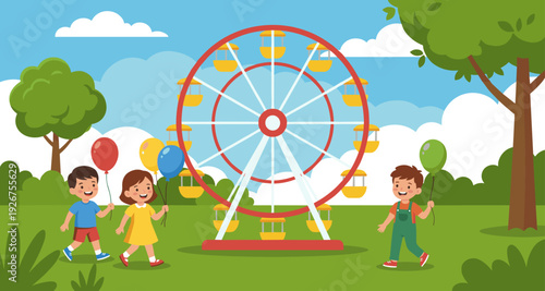 Happy cartoon children holding colorful balloons walk through a green park with a large Ferris wheel attraction in the background on a sunny summer day