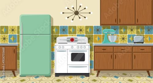 Retro kitchen interior with vintage appliances and wooden cabinets in a mid-century modern style, featuring a patterned backsplash, linoleum floor, and a sputnik chandelier