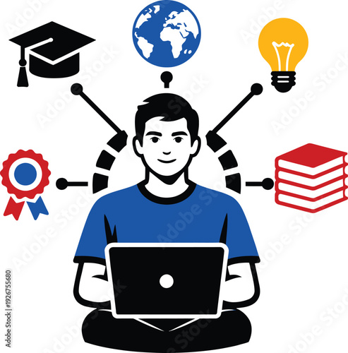 Focused student surrounded by books, laptop, and study materials, representing dedicated learning and academic success