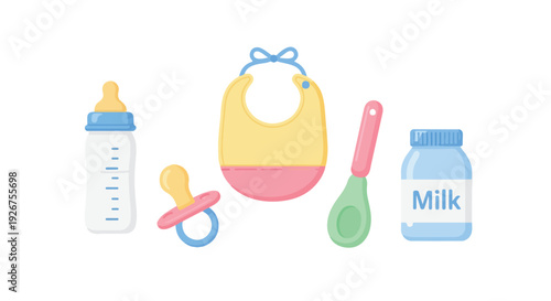Flat lay illustration of baby care items including a bottle, pacifier, bib, spoon, and milk carton on a white background.