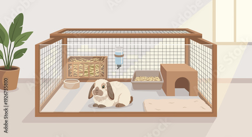 Cute domestic lop-eared rabbit sits inside its spacious indoor cage with a hay feeder, water bottle, litter box, and wooden house in a cozy room with a plant