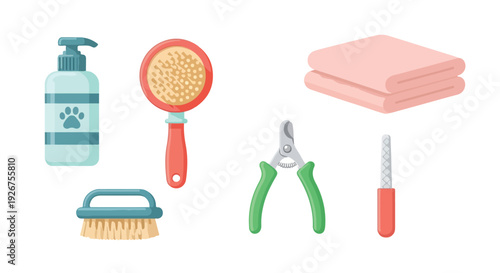 Flat lay of dog grooming tools and supplies on a white background, including brush, nail clippers, and towels.