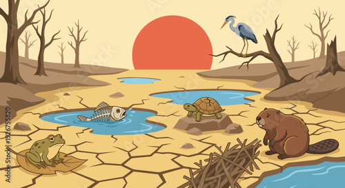 Cartoon illustration of various animals suffering in a dry, cracked landscape during a severe drought, depicting an ecological disaster and the effects of climate change