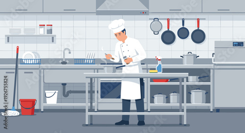 Professional male chef in a white uniform and toque seasons a steaming dish in a pot while working in a clean and well-equipped commercial restaurant kitchen interior