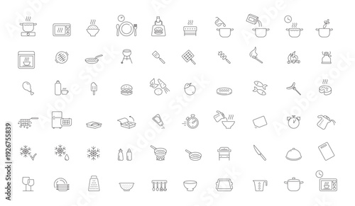 Food and kitchen line icons set isolated on transparent background with editable stroke. Kitchen utensils. Сooking line icons. Pictogram for semi finished meal prepare instruction.