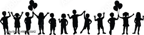 Black silhouettes of happy children and diverse kids group standing together, holding balloons, jumping, cheering, and celebrating over white background.