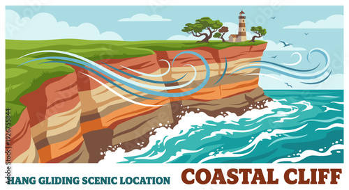 Vector illustration of a coastal cliff with a lighthouse on top, overlooking a rough turquoise sea with stylized wind currents in a retro travel poster style