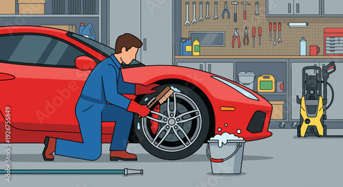 Professional car detailer in blue overalls meticulously scrubs the alloy wheel of a shiny red sports car with a brush inside a modern, organized garage workshop