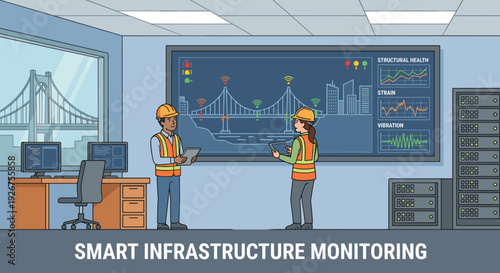 Two diverse engineers in safety vests monitor a smart bridge's structural health, strain, and vibration data on a large digital screen in a modern control room