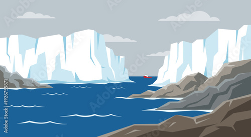 Vast arctic landscape with massive icebergs, a rocky shoreline, and a small red ship sailing on the cold blue sea under a grey sky, depicted in a flat vector style