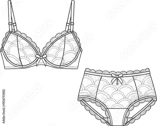 Women lace lingerie set vector illustration featuring detailed bra and panties with elegant trim isolated fashion design template