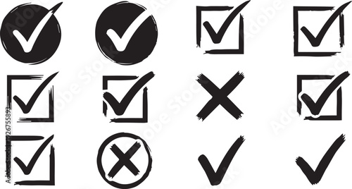 Grunge Hand Drawn Checkmark Cross Tick X Icons with vector illustration