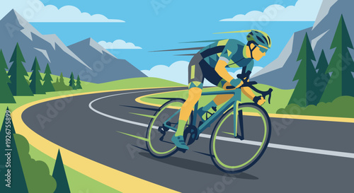 Professional male cyclist in sportswear riding a road bike at high speed on a winding asphalt road through a scenic mountain landscape with pine trees