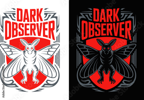 Dark Observer Mothman Mascot Illustration, Vintage Cryptid Badge Graphic Design