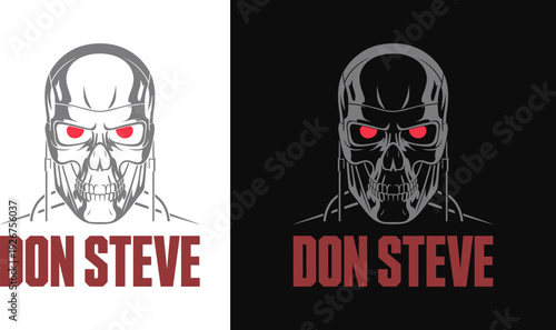 Don Steve Futuristic Cyborg Robot Skull Illustration with Glowing Red Eyes Flat Graphic Art