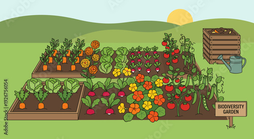 Vibrant biodiversity garden illustration showing vegetables and flowers growing together in raised beds with a compost bin, representing permaculture and organic farming in a sunny landscape
