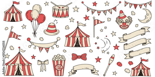 Circus collage illustration, whimsical design, red white tents, clown face, popcorn text, juggling club, disco moon, festive motif, decorative artwork, flat vector illustration