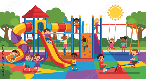 Group of happy multiethnic children playing together on a colorful outdoor playground with a slide, swings, and a seesaw under a bright sun in a park setting