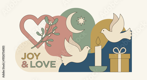 Festive holiday illustration with peace doves, a heart, mistletoe, a candle, and a gift box in a retro minimalist style with muted colors and abstract shapes