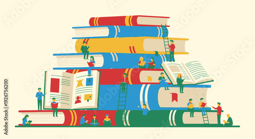 Illustration of tiny people interacting with a towering stack of colorful books, symbolizing knowledge, learning, and education.