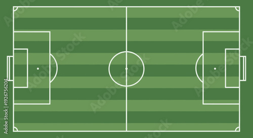 Top-down view of a green soccer football field with white markings and goals, ready for a match or practice.