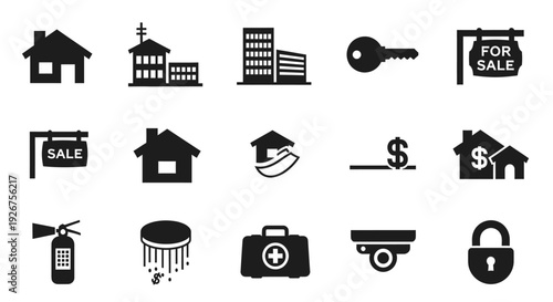 Collection of real estate, property, and home security icons for business and finance.