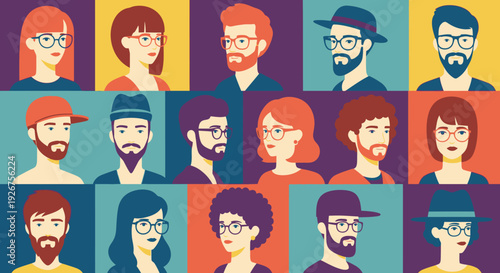 A vibrant grid of 15 diverse cartoon portraits featuring men and women with various hairstyles, facial hair, and glasses, set against colorful block backgrounds.