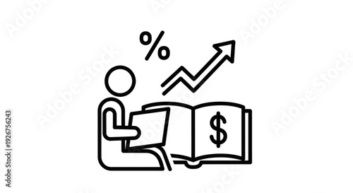 Line art icon depicting a person studying finance and economics with a laptop and book, showing growth and percentage increase.