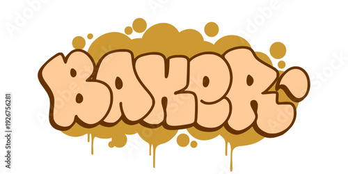 Baker Artisanal Profession Graffiti Throw Up. Bold Peach Bubble Lettering with Brown Drip Effect for Bakery Identity and Urban Streetwear Design.