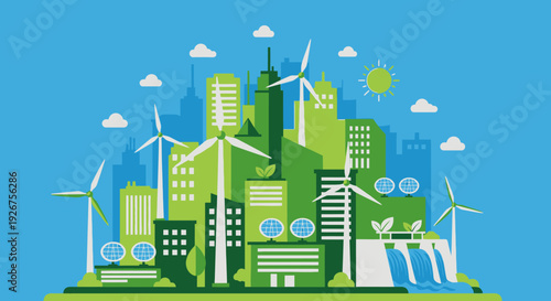 A vibrant illustration of a sustainable green city powered by renewable energy sources like wind turbines and solar panels, featuring eco-friendly buildings and a waterfall.
