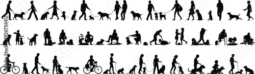 Black silhouettes of people walking dogs, pet owners with puppies, training animals, cycling with pets, and diverse canine activities isolated.