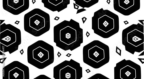 Abstract black and white geometric pattern with irregular hexagons and small diamond shapes.