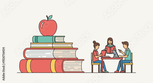 Red Apple on Stack of Books with Children Reading and Studying at Table in Background on Light Beige Background