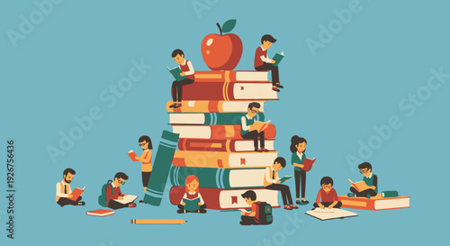 A vibrant illustration showing many children reading books around a large stack of books topped with an apple, symbolizing education and learning.