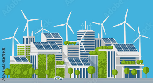 A vibrant illustration of a sustainable smart city with green buildings, solar panels, wind turbines, and an electric car, showcasing renewable energy and eco-friendly urban development.