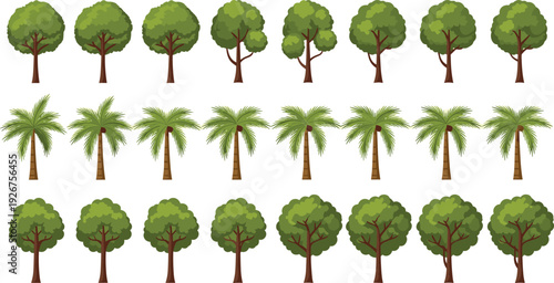 Green tree set vector illustration featuring deciduous and palm trees collection isolated for landscape and garden design