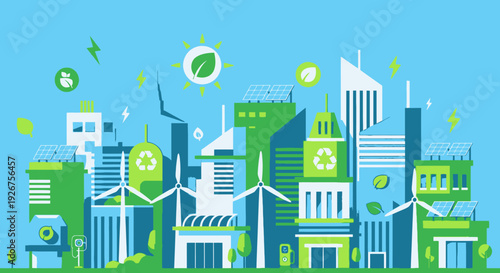 A vibrant illustration of a sustainable smart city with green buildings, solar panels, and wind turbines, symbolizing eco-friendly urban development and renewable energy.