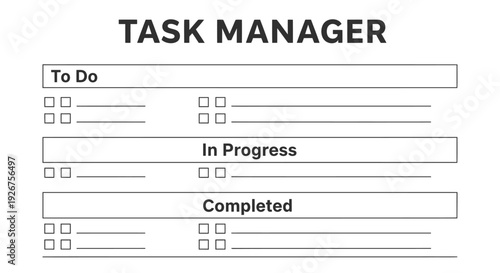 Simple black and white task manager template with sections for to-do, in-progress, and completed tasks, featuring checkboxes and lines for organization.