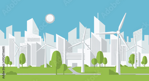 Modern city skyline with wind turbines and green landscape, illustrating sustainable urban development and renewable energy.