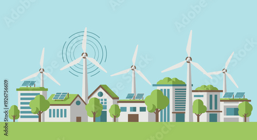 Illustration of a sustainable city powered by wind turbines and solar panels, showcasing green energy and eco-friendly urban development.
