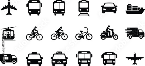 Transportation and delivery icon set vector illustration with airplane, bus, train, car, bicycle, taxi, truck and ship symbols