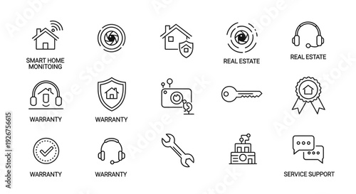 A collection of line icons representing smart home monitoring, real estate, home security, warranty, and service support concepts.